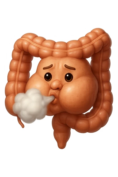 emoji stile iphone di un intestino che ingoia una nuvoletta di aria ben visibile e gli si gonfia la pancia, non fargli il naso, iperrealistico 4k sticker