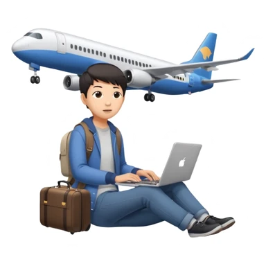 페르소나 요약 : 교환학생을 준비하는 대학생. 동양인 중성 20대의 상반신, 캐주얼한 옷을 입은 채 노트북을 보고 있으며 옆 한켠에는 캐리어가 함께 준비되어 있어요. 머리 위에 생각풍선으로 비행기를 떠올리고 있어요 sticker