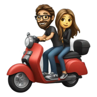 Boy with long hair, beard, and glasses, riding a black scooter with a girl on the back sticker