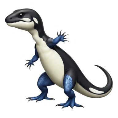 Black and white Orca-reptile-reptilian-lizard-skink-gecko-Digimon-Fakémon-hybrid full body, two legs, two arms, claws, tail sticker