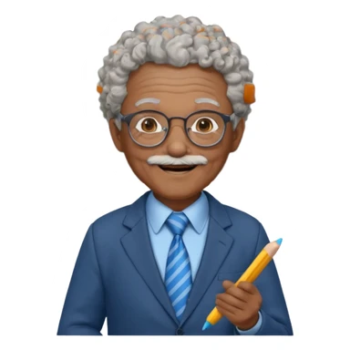 old man teacher, brown skin, curly grey white hai, wearing glasses, brown suit, blue tie hold chalk on hand sticker