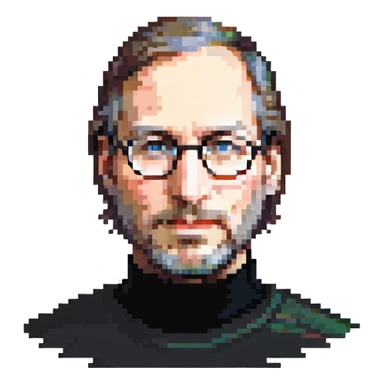 Steve Jobs with black turtleneck, round glasses, beard sticker