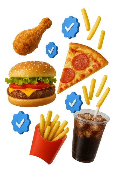 fast food realistico fluttua in aria insieme a spunte di verificato in 3d sticker