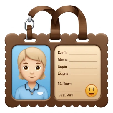 a light blue ID card with a decorative beige scalloped border. The card is attached to a brown lanyard looped at the top. It includes a small square area representing a photo and several horizontal lines indicating text information. sticker