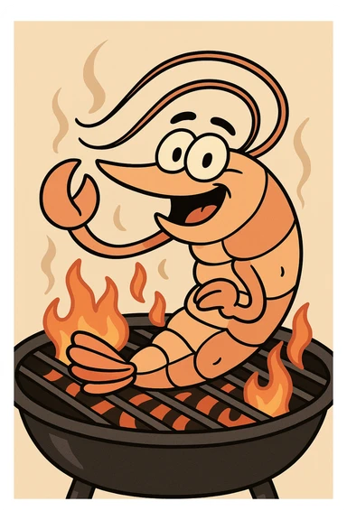 shrimp on a barbecue grill, cartoon style sticker
