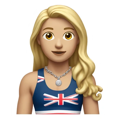 A girl with long blonde hair with wide shoulders wearing a Great Britain rowing swimming suit and has small muscles and add a necklace that has a sea shell pendant on it. The necklace is around the neck and the pendant is on her chest sticker