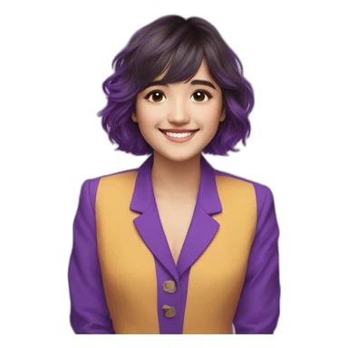 Shirley Setia front looking smiling wearing purple suit sticker