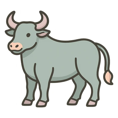 Create an icon-color-outlined style illustration of an ox as the symbol of the year according to Feng Shui, in a Chinese Eastern style. Use thin, clean contours and soft rounded shapes. Apply a pastel palette with colors #98B5BC, #B5B3C1, #C9A3C9, #E4C0CA, #F7DCD1, #F7C0AA. Include detailed shadows and highlights with soft lighting. The background should be transparent. The style should be less cute and without decorative elements. The silhouette and appearance should match the provided reference. sticker