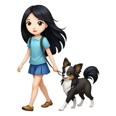 A girl with long black hair walking a papillon sticker