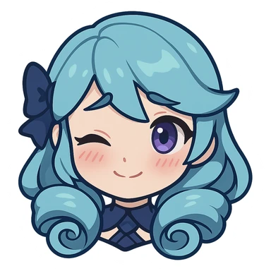 Gwen from League of Legends, chibi emote style, only head visible, right eye purple, shy expression, small smile, cute and expressive sticker