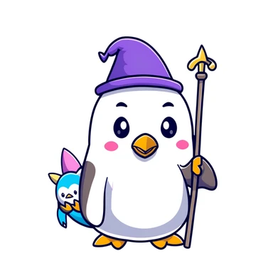 penguin wizard with a staff and hat, surrounded by a small dragon, fairy, and unicorn, colorful fantasy landscape with a castle sticker