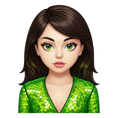 Charli XCX with long dark brown hair, lime green sequin outfit sticker