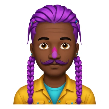 big lose braids starting from the top of the head man with mustache face wiith big visible loose only two braids and lots and lots of colored face tattoos colored tattoos like a tattoo artist hair unique color sticker