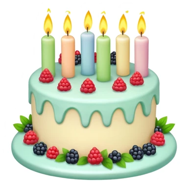 Pastel birthday cake with berries, leaves and candles  sticker