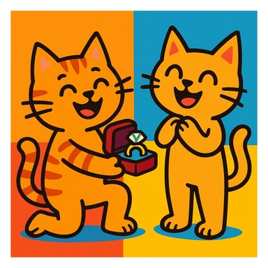 one happy cat proposing marriage to another happy cat, both cats smiling, with a ring box, playful and cute sticker