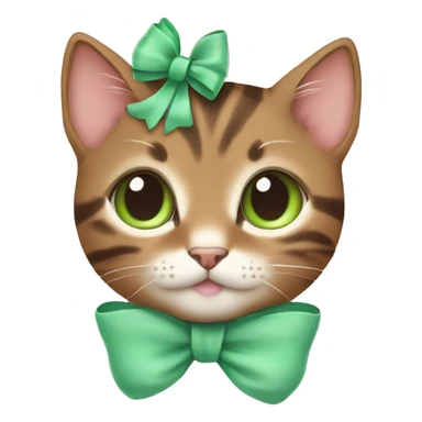kawaii brown tabby kitten with green eyes and pastel green bow on top of head sticker