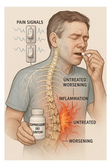 Man taking pain medication for chronic back pain, pills shown as dimmer switches turning down pain signals in transparent nervous system overlay, underlying spinal damage remaining completely untreated and worsening, expression of temporary relief masking progressive deterioration, medication bottle labeled 'symptom suppression' not 'cure', root cause inflammation continuing to spread in italiano sticker