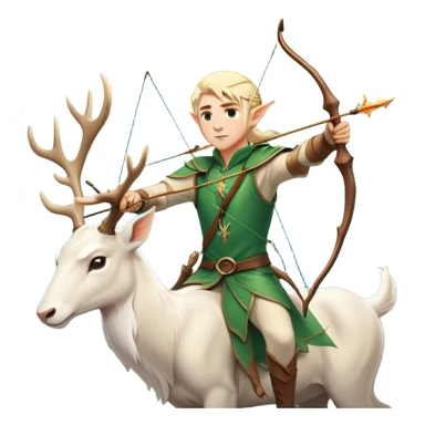 clash-of-clans-aesthetic-blond-male elf-archer-portrait-emoji, rendered in a flat, vector-style with minimal shading and bold holding his bow, simplified shapes, head tilted slightly forward with a determined, focused expression, riding a majestic white stag whose antlers glow with mystical energy, set against an ancient, enchanted forest backdrop. sticker