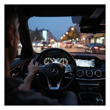 Mercedes E63 2024, photorealistic cockpit view from the driver's perspective, as if the viewer is driving, left hand on the steering wheel, night in Bucharest, city lights and motion blur outside, city traffic visible ahead through the windshield, highly realistic sticker