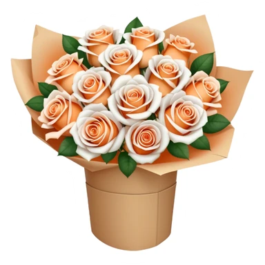Bouquet of pastel orange and white roses in a paper package sticker