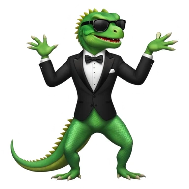 capitalist iguana banker in tuxedo and black sunglasses dancing crazy sticker