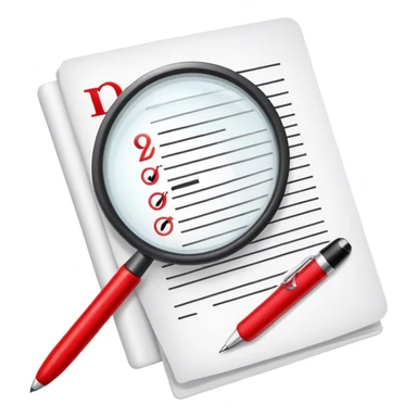 Create an emoji representing editing and proofreading. The design should feature an open document or manuscript with visible text and proofreading marks (such as red underlines or corrections). A red pen or pencil should be placed near the document, symbolizing the act of making edits. Optionally, include a magnifying glass to represent careful review. Use neutral and professional colors like white, black, and red accents to highlight the editing process. Do not include any emojis or smiley faces. Make the background transparent. sticker