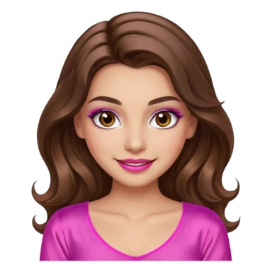 girl with long wavy brown hair, brown eyes, long lashes makeup, sexy pink lips, light to medium complexion, wearing a pink sexy silk top, smiling sticker