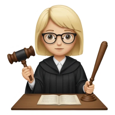 Young judge, blonde hair with glasses and robe, hold a paper and gavel sticker