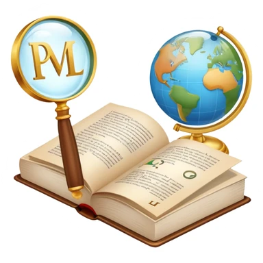 An icon featuring an open book, a speech bubble, and a magnifying glass, symbolizing philology and linguistics. The design includes language symbols, a globe, and alphabet letters, representing the study of languages and their structures. Transparent background  sticker