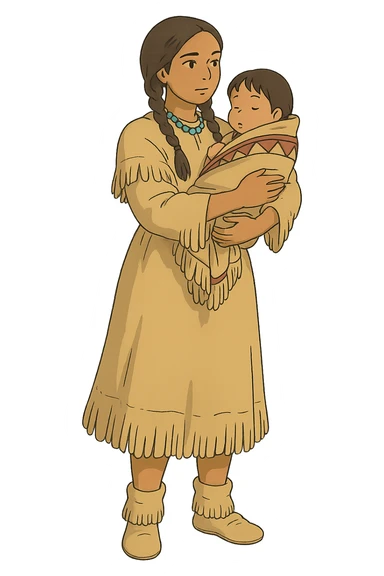 The Full body of A native American woman from the 1830s holding her child  sticker