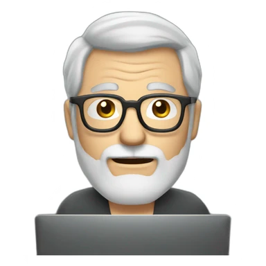 old man with grey hair and beard and glasses sitting at a desktop with computer sticker