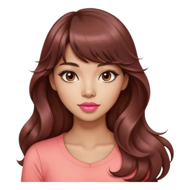 gorgeous woman, light tan skin, dark brown eyes, very long wavy auburn hair, bangs, pink top, coral lipstick, cool, model, mixed asian and latina sticker