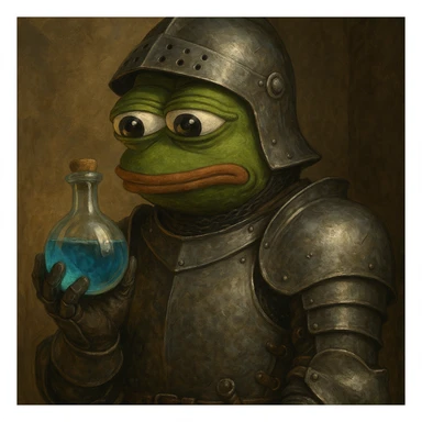 Пэпэ in a medieval armor, holding a potion bottle sticker