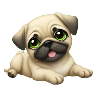 Cute Baby pug with big green eyes happy  lying down  sticker