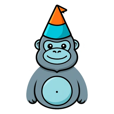 Make sure the cyan gorilla with a party hat has no legs, keep the background transparent. Maintain the original style and details of the image. sticker