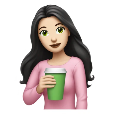 pretty woman with pale skin, very long black hair and green eyes and light pink outfit holding a pink coffee cup sticker