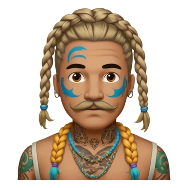 big lose braids starting from the top sides of the head man with mustache face wiith big visible loose only two braids and lots and lots of colored face tattoos colored tattoos like a tattoo artist hair unique color sticker