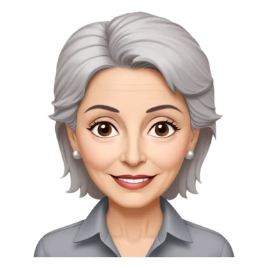 Older Puerto Rican actress Marian Pabón with elongated face, light pinkish skin, almond-shaped expressive eyes, straight nose, well-defined lips with wide smile, arched eyebrows, pronounced cheekbones, short spiky gray hair like a man's cut, more wrinkles, wearing a white buttoned shirt sticker