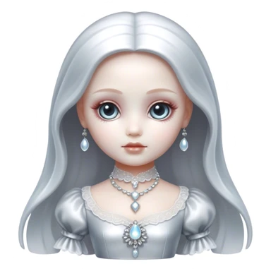 Cinematic, Ultra realistic 32k HD, hauntingly beautiful doll, Balanced features, highly detailed, glowing with silver light, high shine, remembrance, a painting of white silver, fanciful, enchanting, ghostly. The image is so lifelike it feels as though it could leap off the canvas at any moment sticker