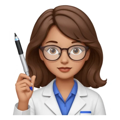 young women pharmacist studying science, wavy hair, with a pen and glasses sticker