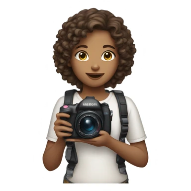 Girl with medium skin tone and brown curly hair holding a digital camera and blushing sticker