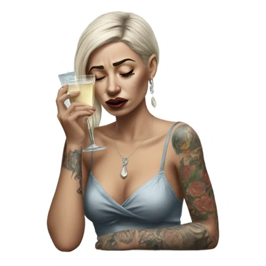 Hyper Realistic Beautiful tattooed woman crying sadly holding champagne  sticker