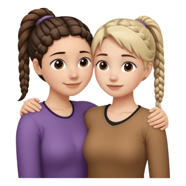 Comforting Hug two white skin women, one shorter woman with brown simple top ponytail, not braided, and one taller sad woman with a single long black side braid sticker