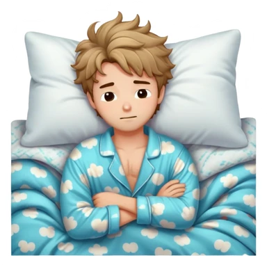 Adorable sleepy boyfriend with messy bed hair, pajama shirt slightly open, cuddling a pillow, cozy blanket, soft lighting sticker