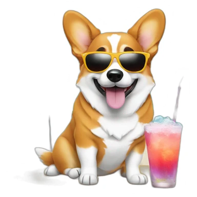 corgi on vacation with sunglasses and a drink sticker