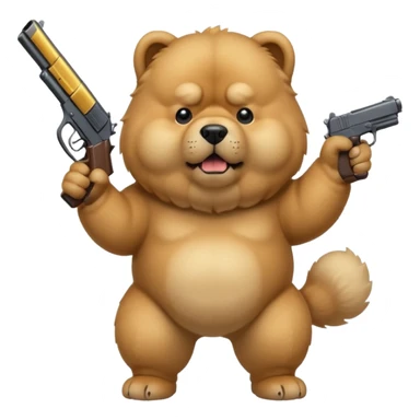 Funny cartoon-style chow chow dog with light fur standing on its hind legs and holding a gun menacingly sticker