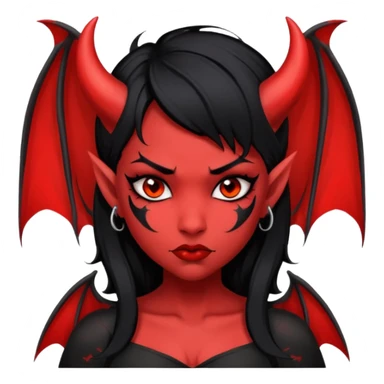 Demon girl: red skin, black hair, small horns, bat wing; tattoo-flash comic style; red/black palette; bold outlines; dark background; no text. sticker