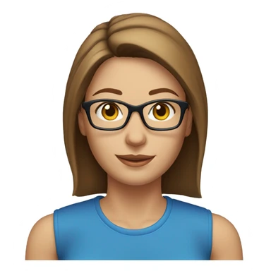 A head and shoulders shot of a 40 year old Caucasian woman, with straight brown hair,  wearing glasses with blue eyes wearing a t-shirt. sticker