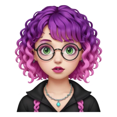 . Gothic girl with pink to violet ombré ringlet curly hair, bangs round glasses, septum piercing, nostril piercing, almond eyes, blueish green eyes,heavy eyeliner,  sticker