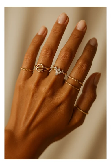 a beautiful tanned woman's hand with many rings, focus on the hand, elegant, jewelry details sticker